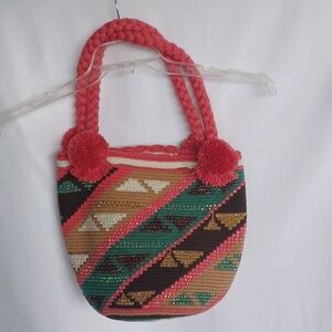 Wayuu Tribe Style Handmade Pink and Green Chevron Shoulder Bag, 13x11x8